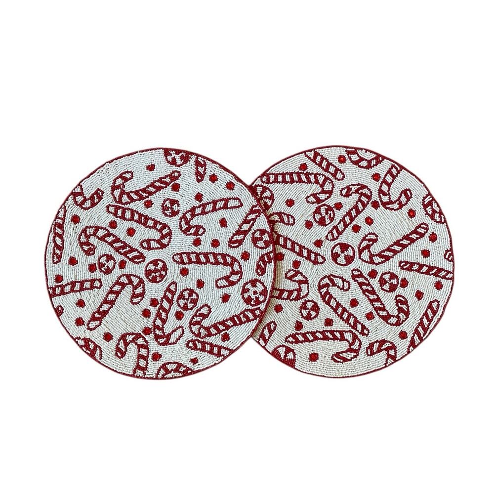 2pc Tahari Candy Cane Beaded Placemats 15in Christmas Holiday Red White New